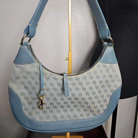 Vintage Dooney & Bourke Blue Monogram Canvas Blue Leather Trim Hobo Shoulder Bag - Picture 3 of 7
